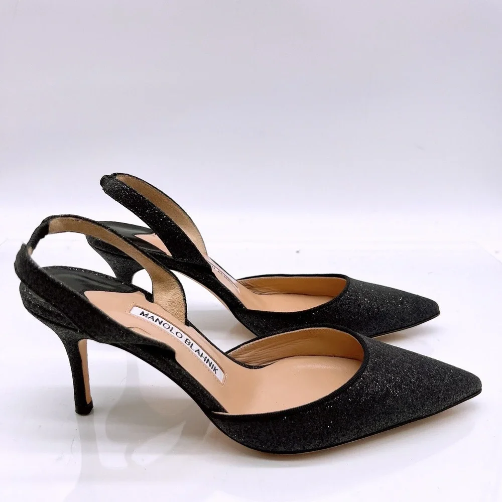 Manolo Blahnik Carolyne Low Heel Women's Slingback Pumps Black Glitter EU 36.5